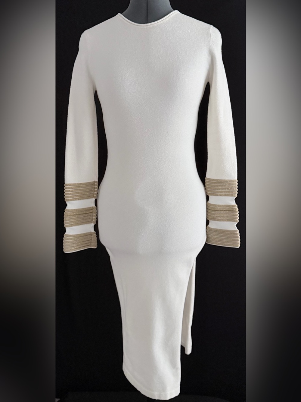 Sergio Hudson Wht Long Sleeve Gold Embellished Sleeves Sheared Boucle Dress SzSm